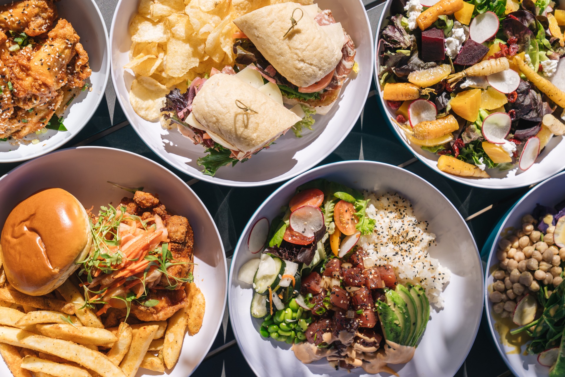 a group of plates of food