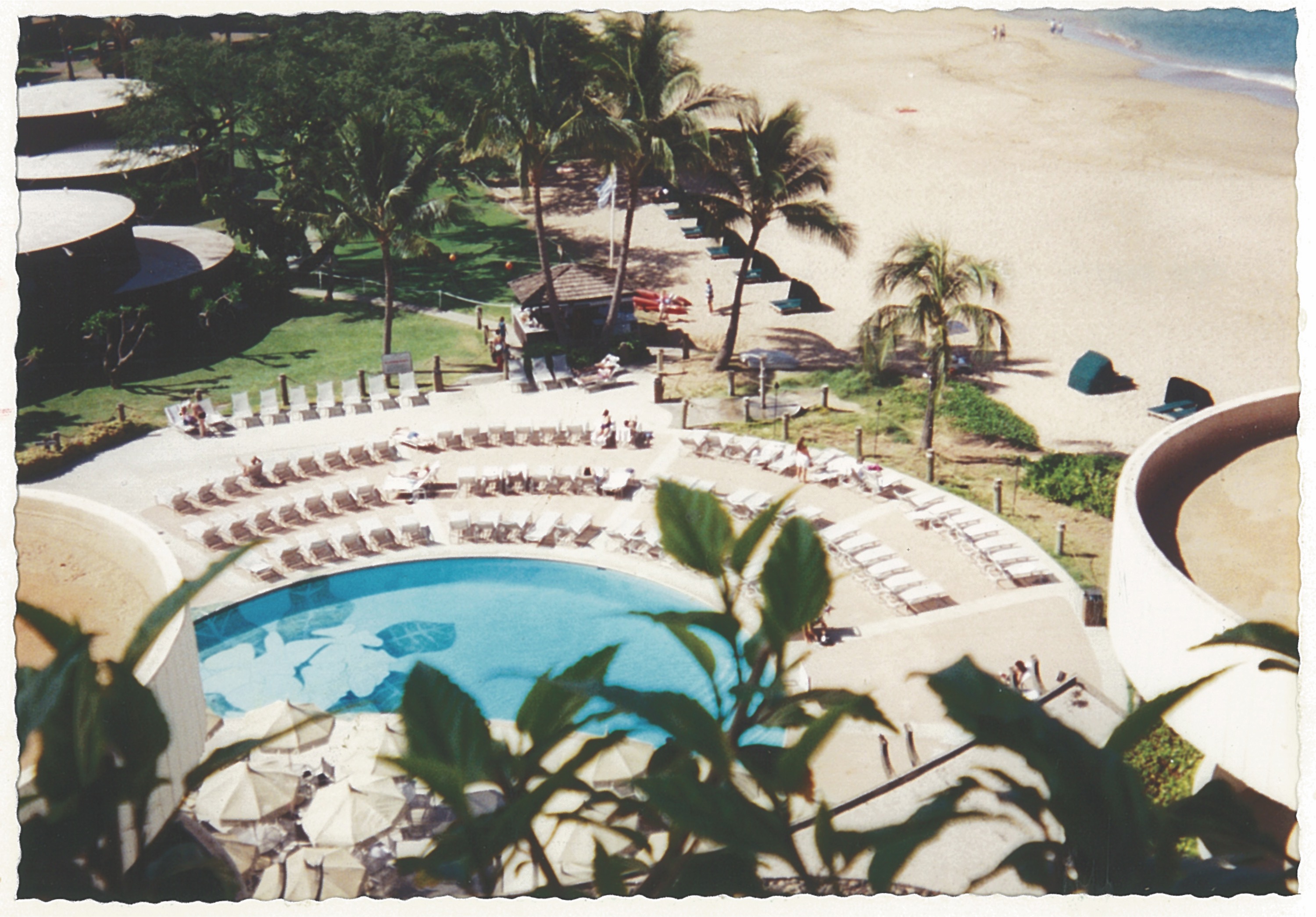 a pool with chairs and umbrellas on a beach