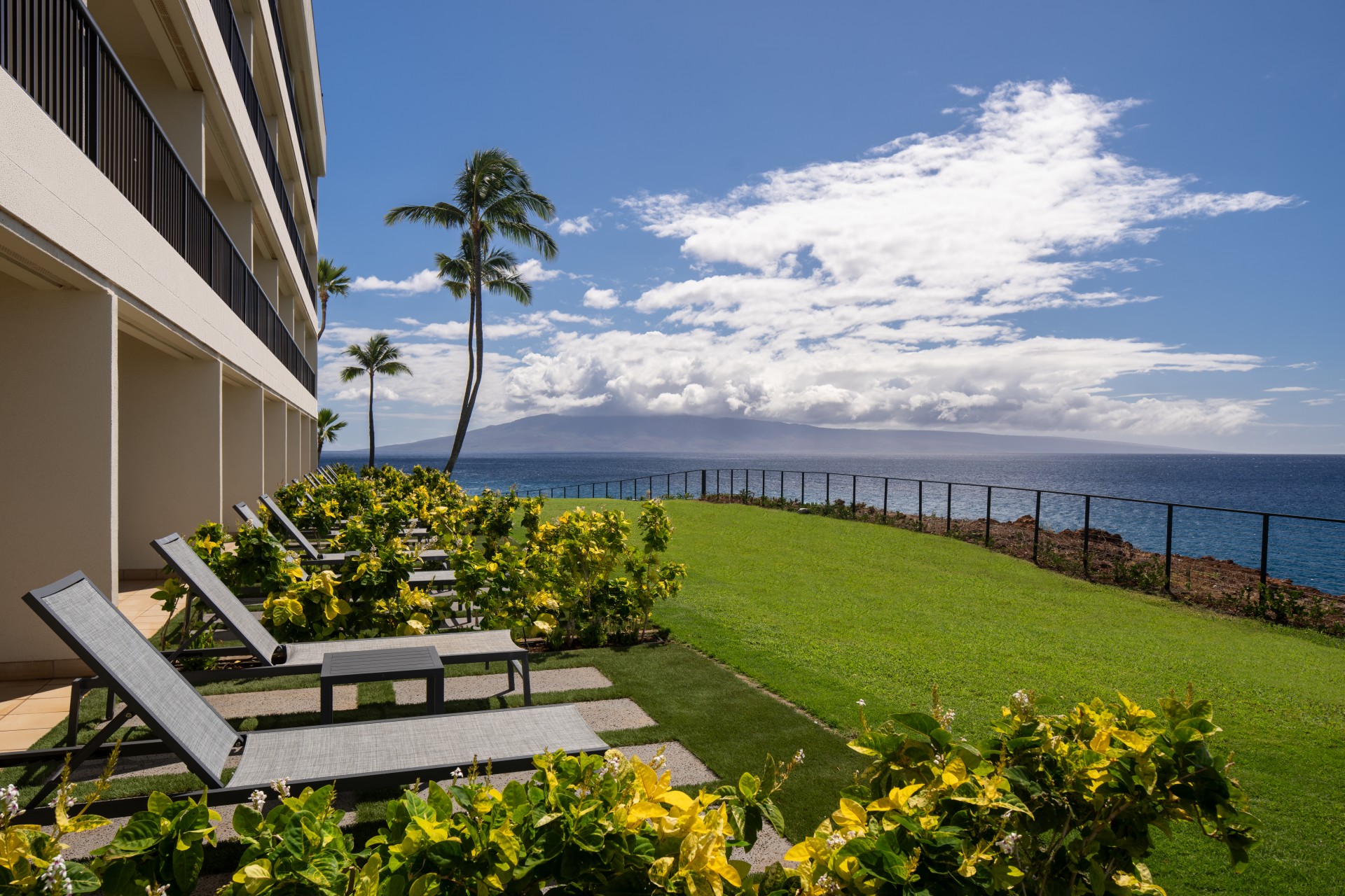 a lawn chairs and palm trees next to a building