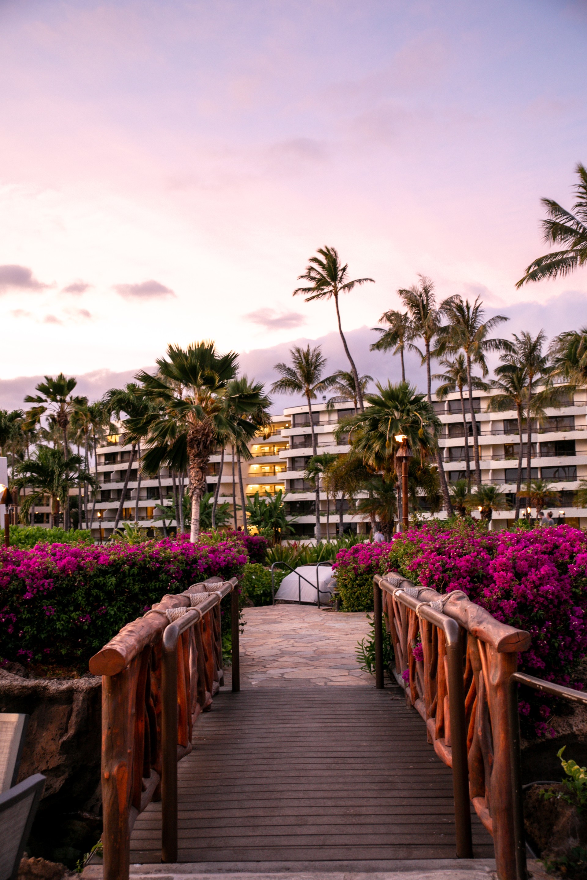 a walkway with palm trees and flowers in front of a building