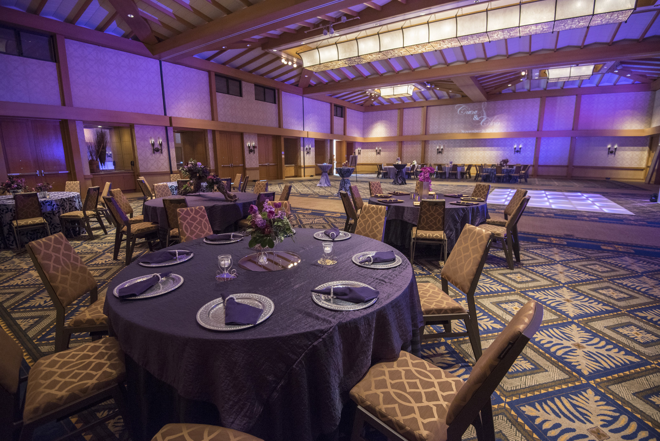 a room with tables and chairs