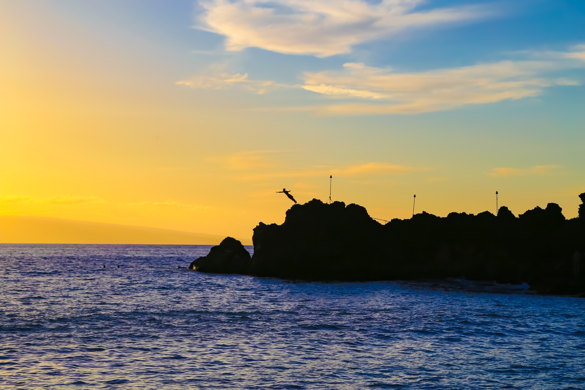 a bird flying over a rocky island in the ocean