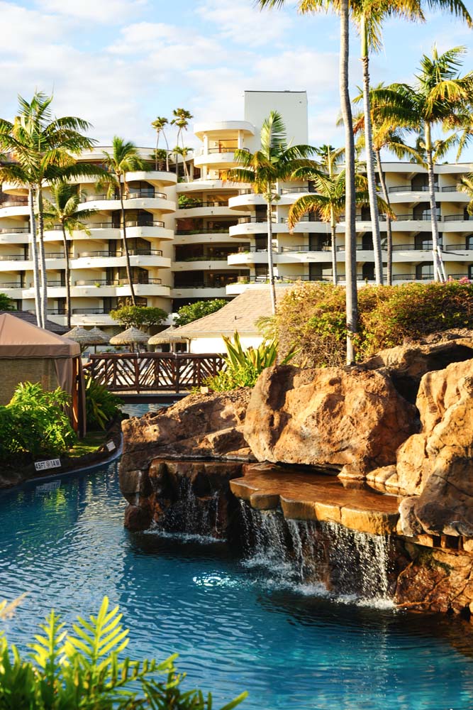 a pool with a waterfall and palm trees in the background