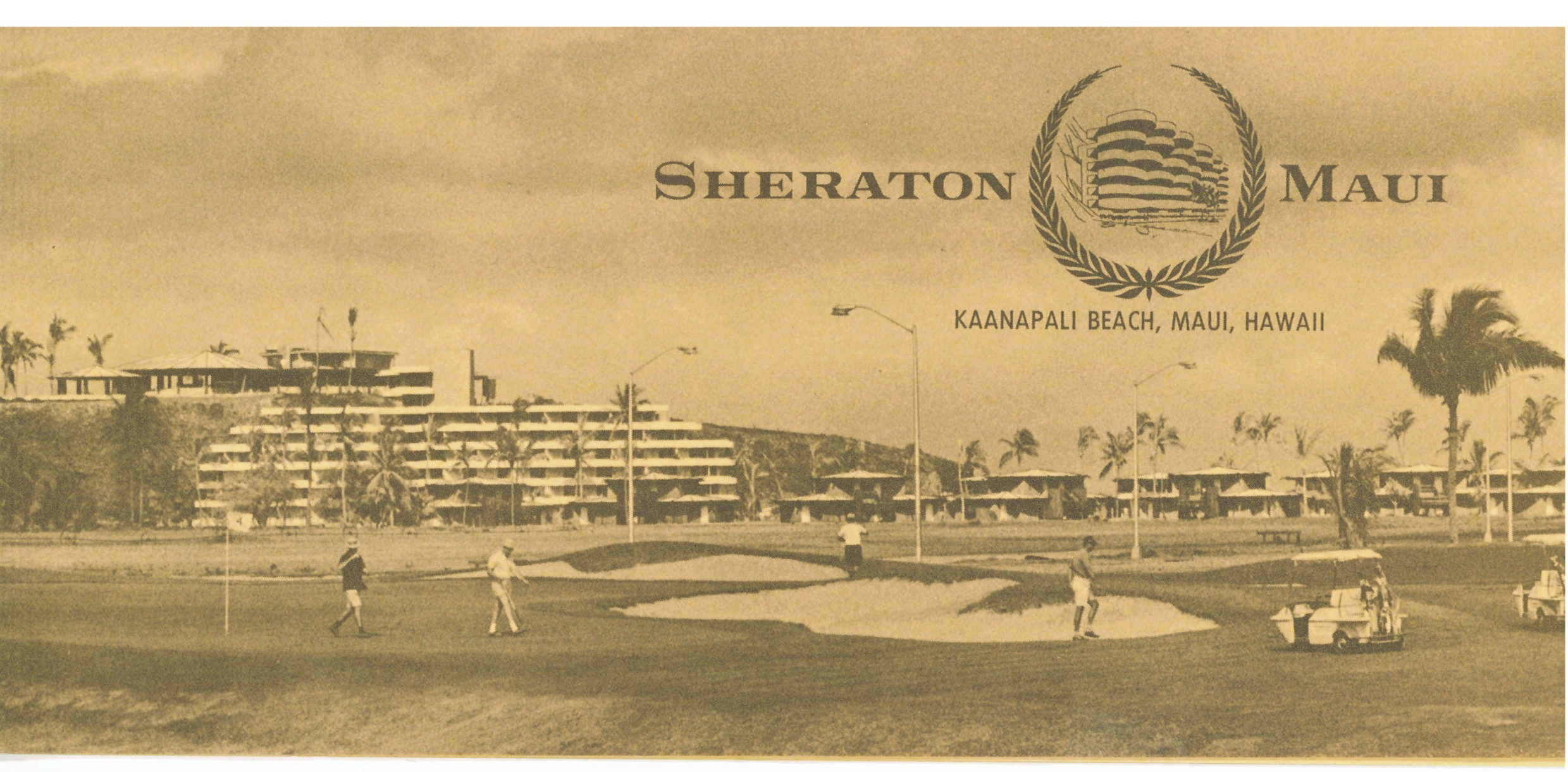 A vintage sepia-toned graphic featuring golfers with sand traps in the foreground, the original resort architecture built into the cliffside behind them, and text reading 'Sheraton Maui, Kaanapali Beach, Maui, Hawaii'.