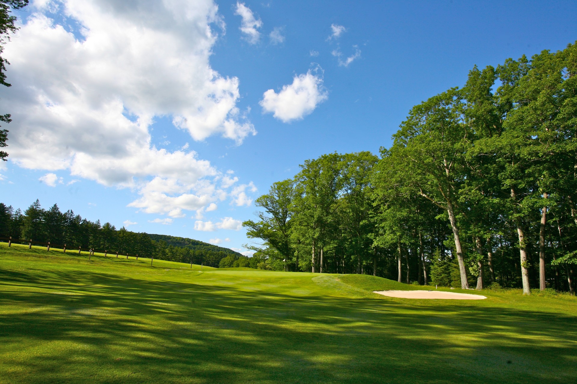 a golf course with trees and blue sky
