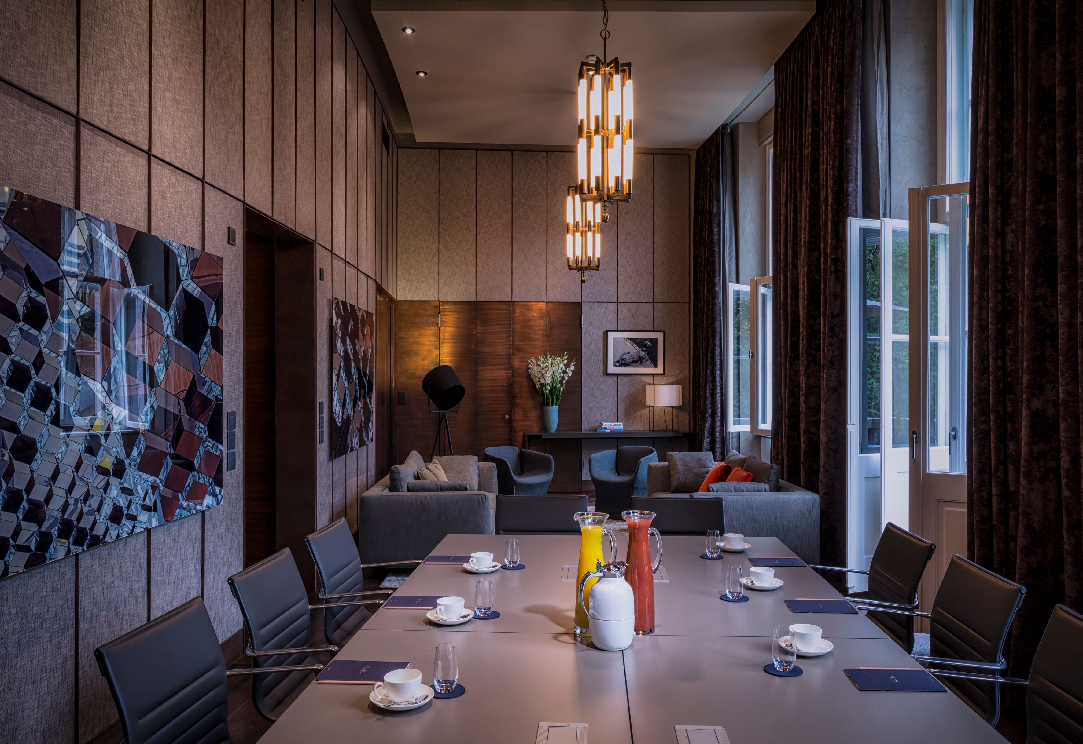 a room with a table and chairs