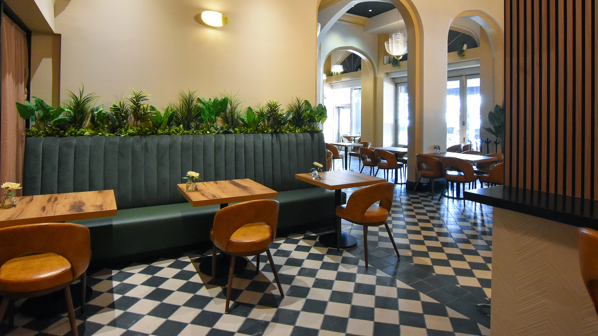 a room with tables and chairs