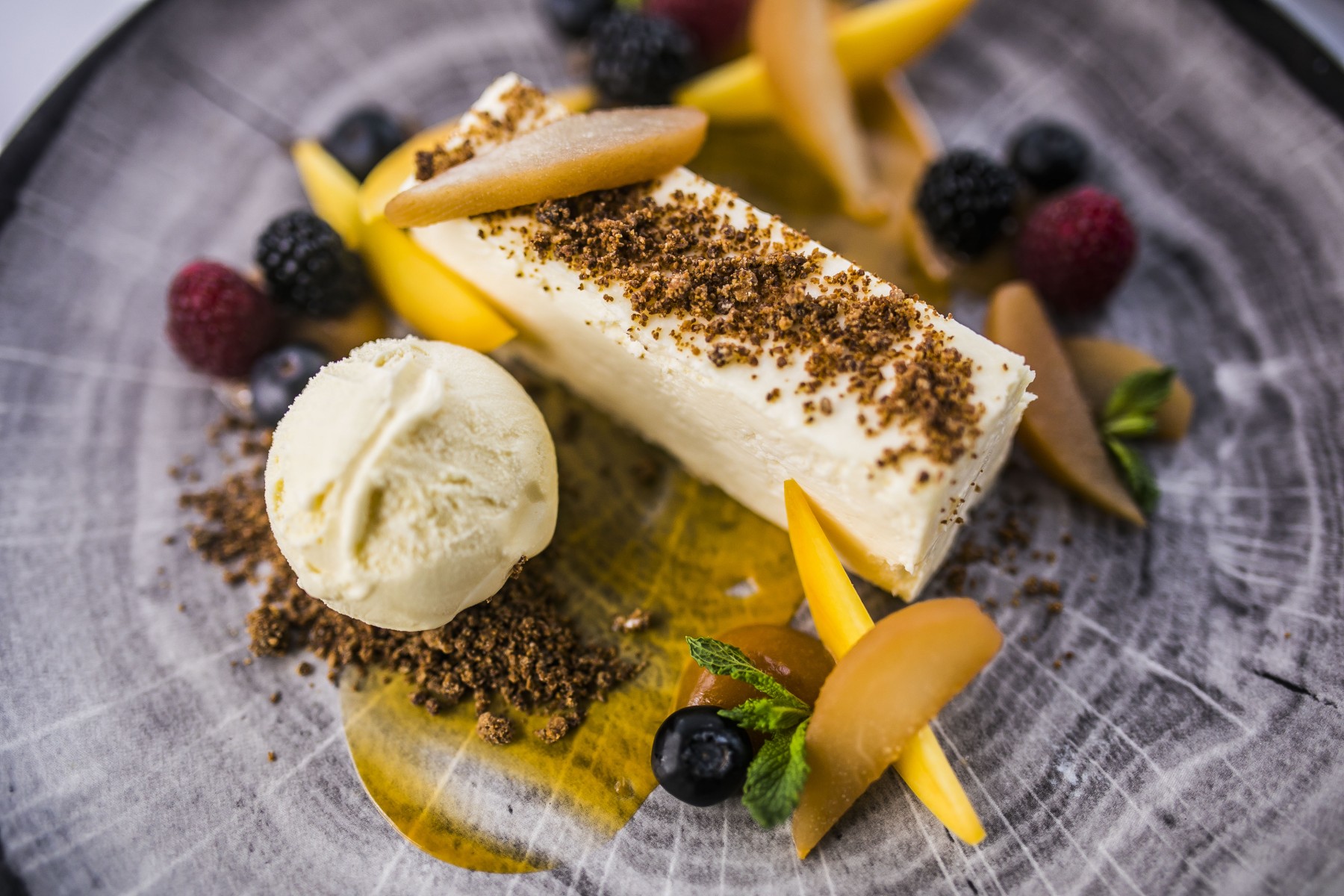 a plate of food with fruit and ice cream