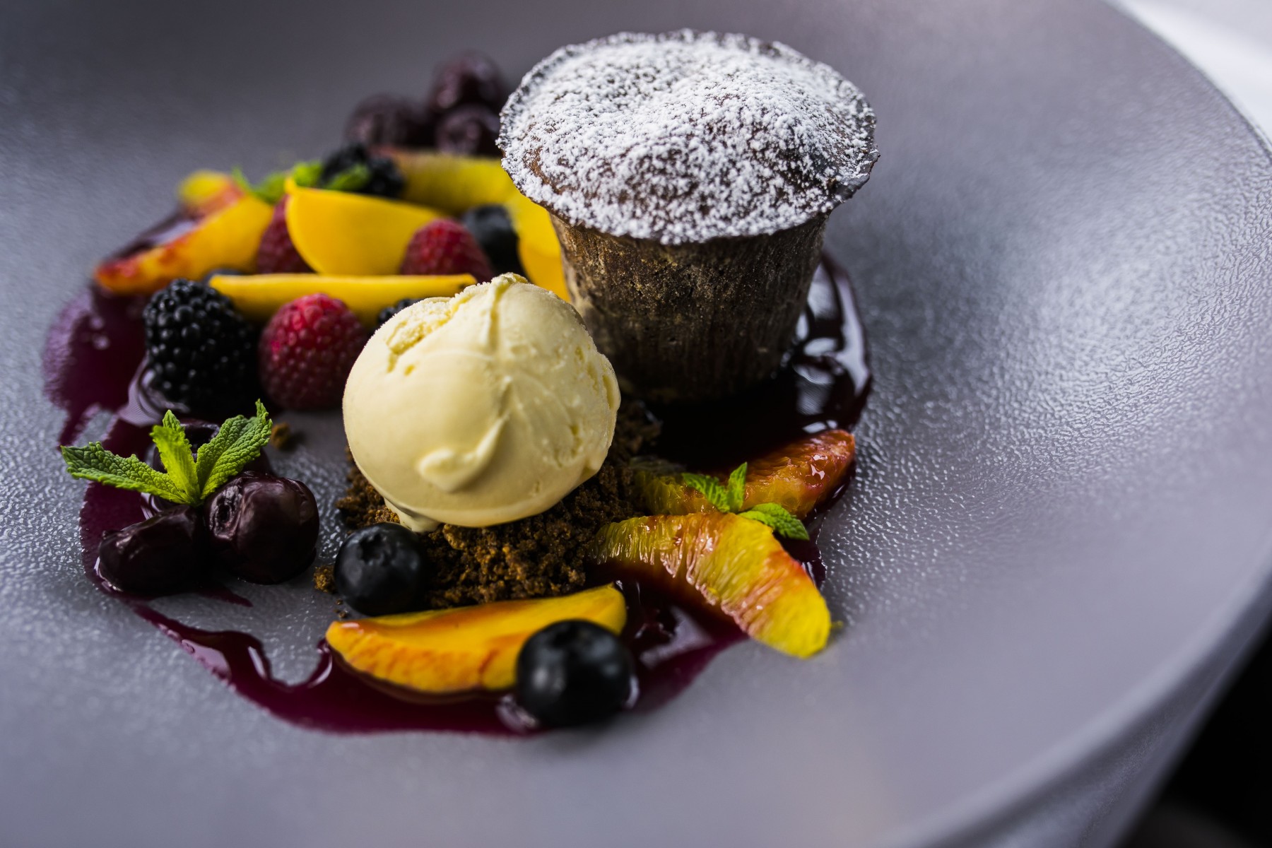 a plate of food with fruit and ice cream