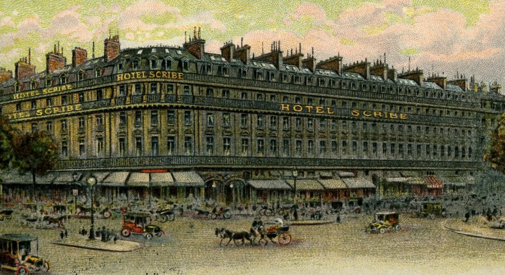 a large building with many cars and horses