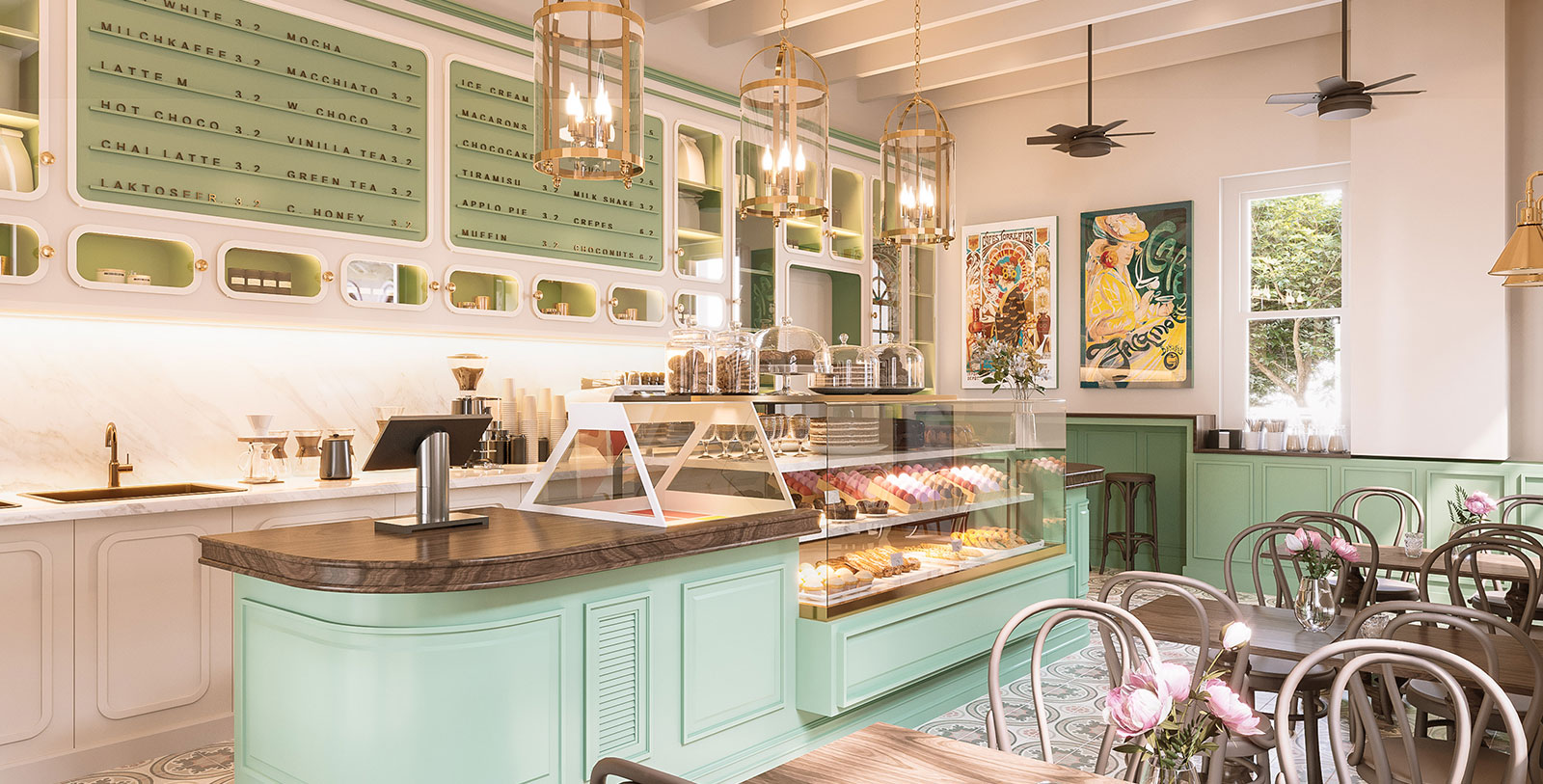 a bakery with a glass display case