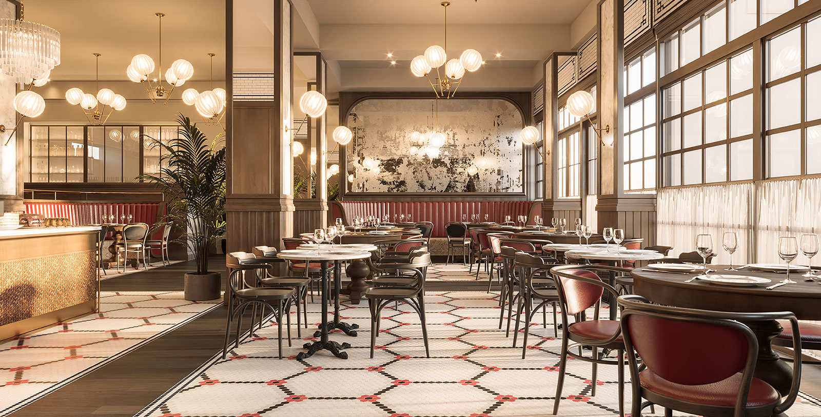a room with tables and chairs