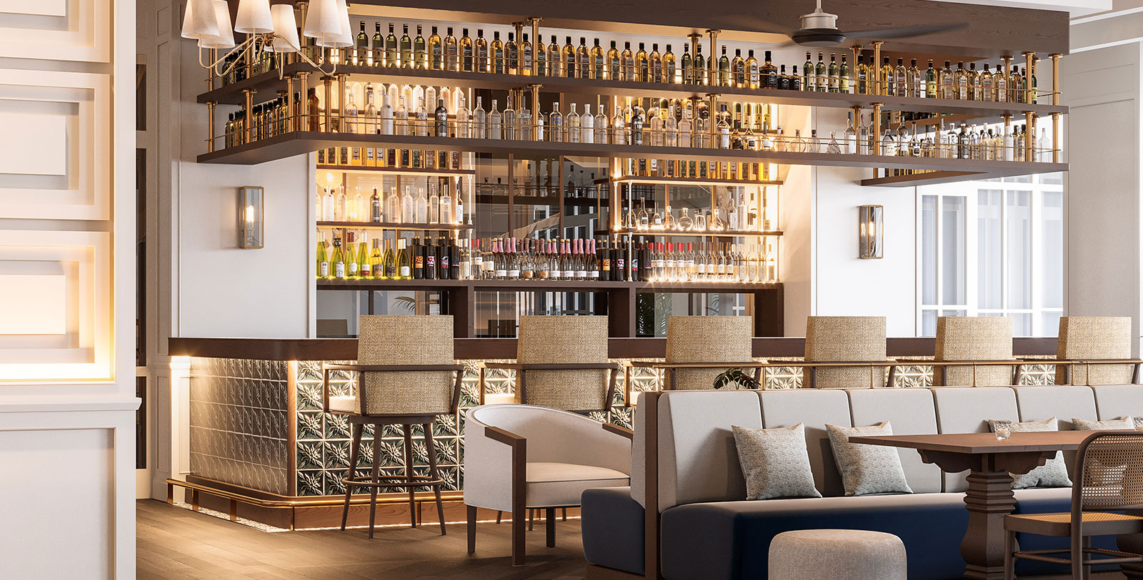 a bar with shelves of liquor and chairs