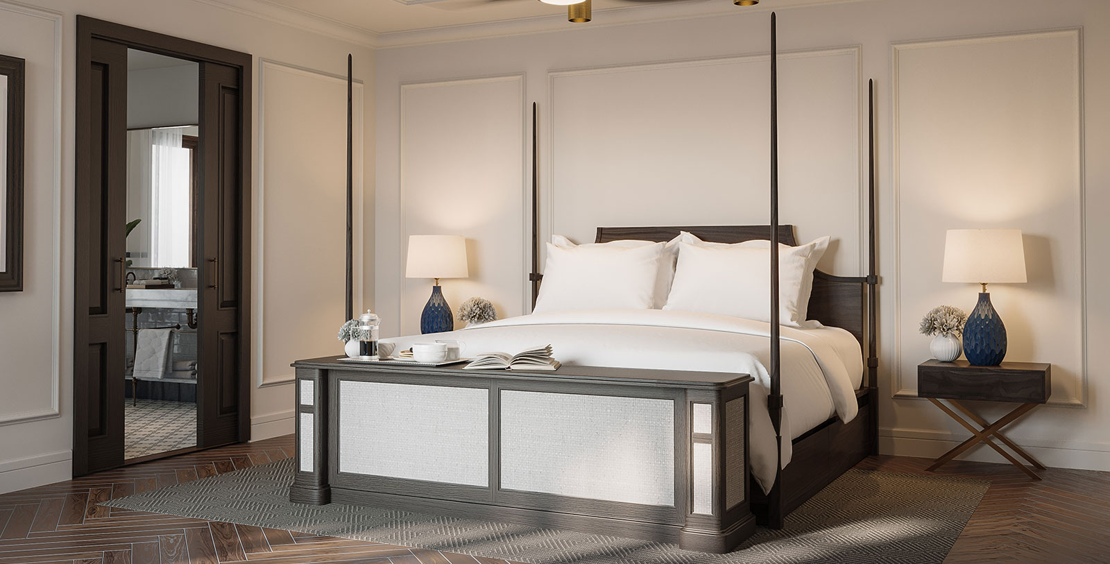 a bed with a four poster bed