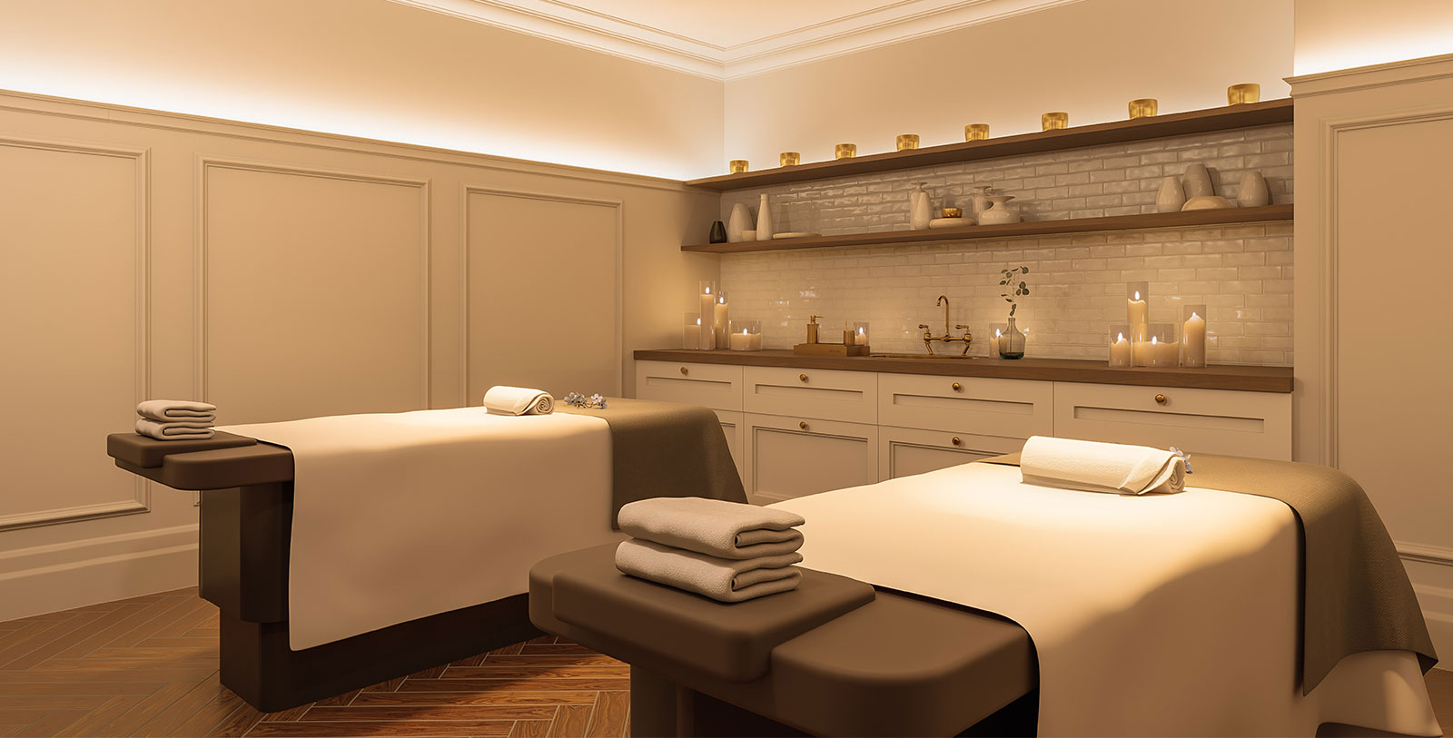 a room with white beds and shelves