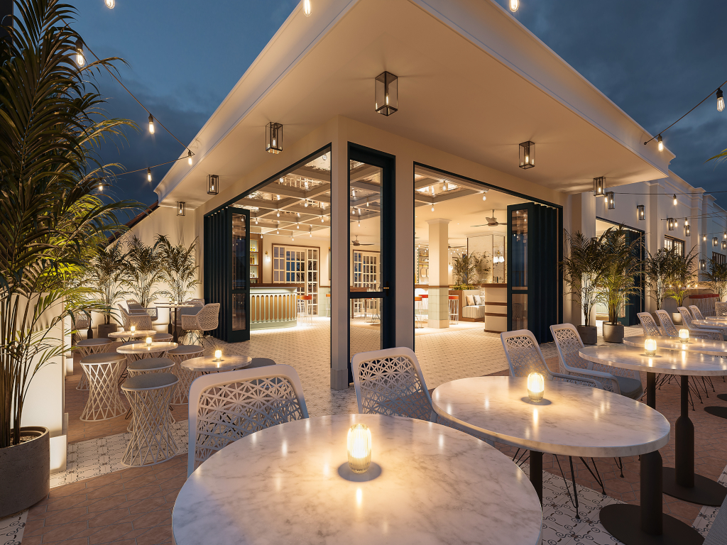 a building with tables and chairs