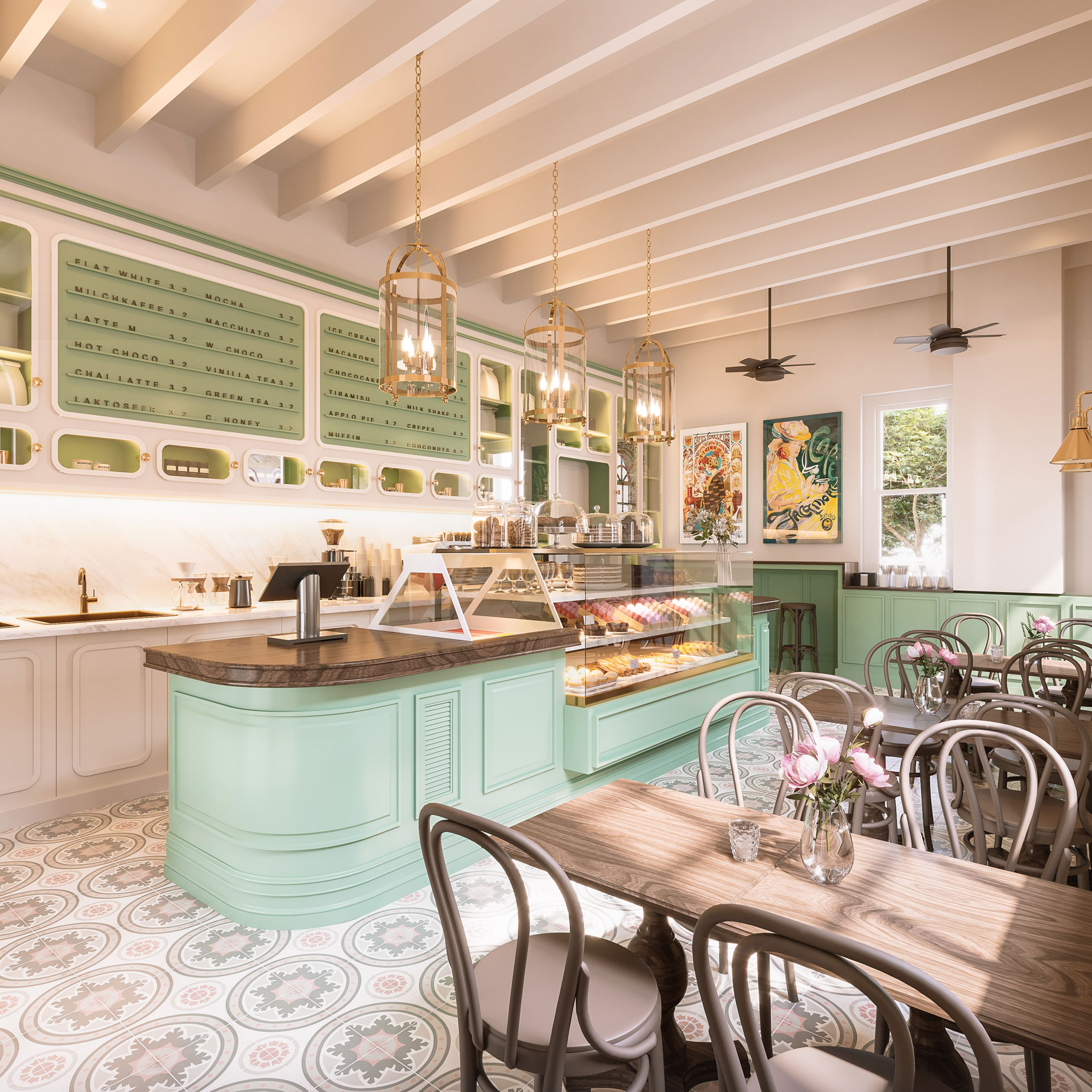 Charming cafe counter in light mint green with a glass pastry display, brass pendant lights, patterned tile floor, and wooden tables and chairs.