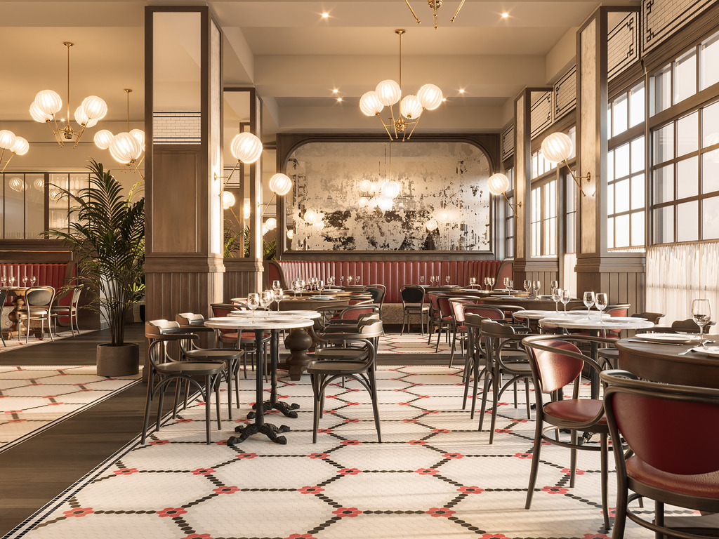 Elegant restaurant dining room with geometric tiled flooring, round marble-top tables, dark wood chairs with reddish cushions, warm globe chandeliers, and a tufted leather banquette.