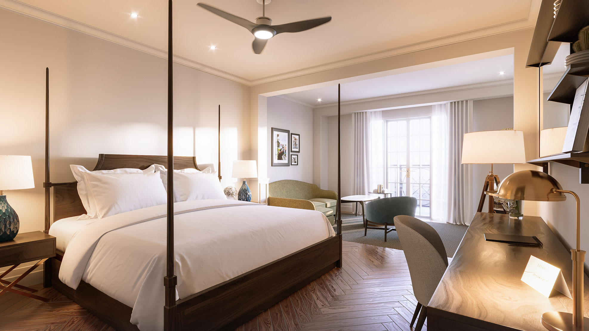 a room with a bed and a table and chairs
