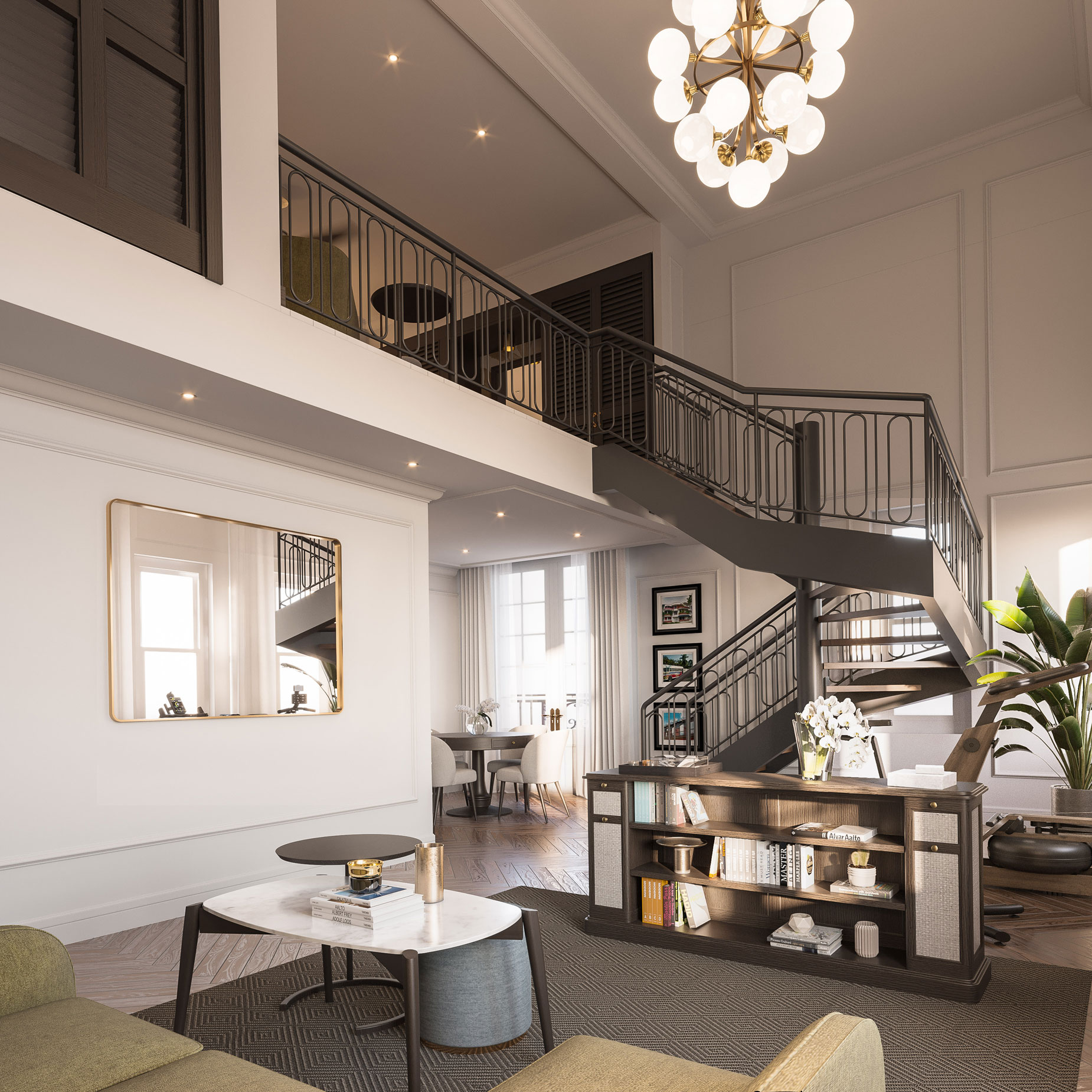 a room with a staircase and a couch