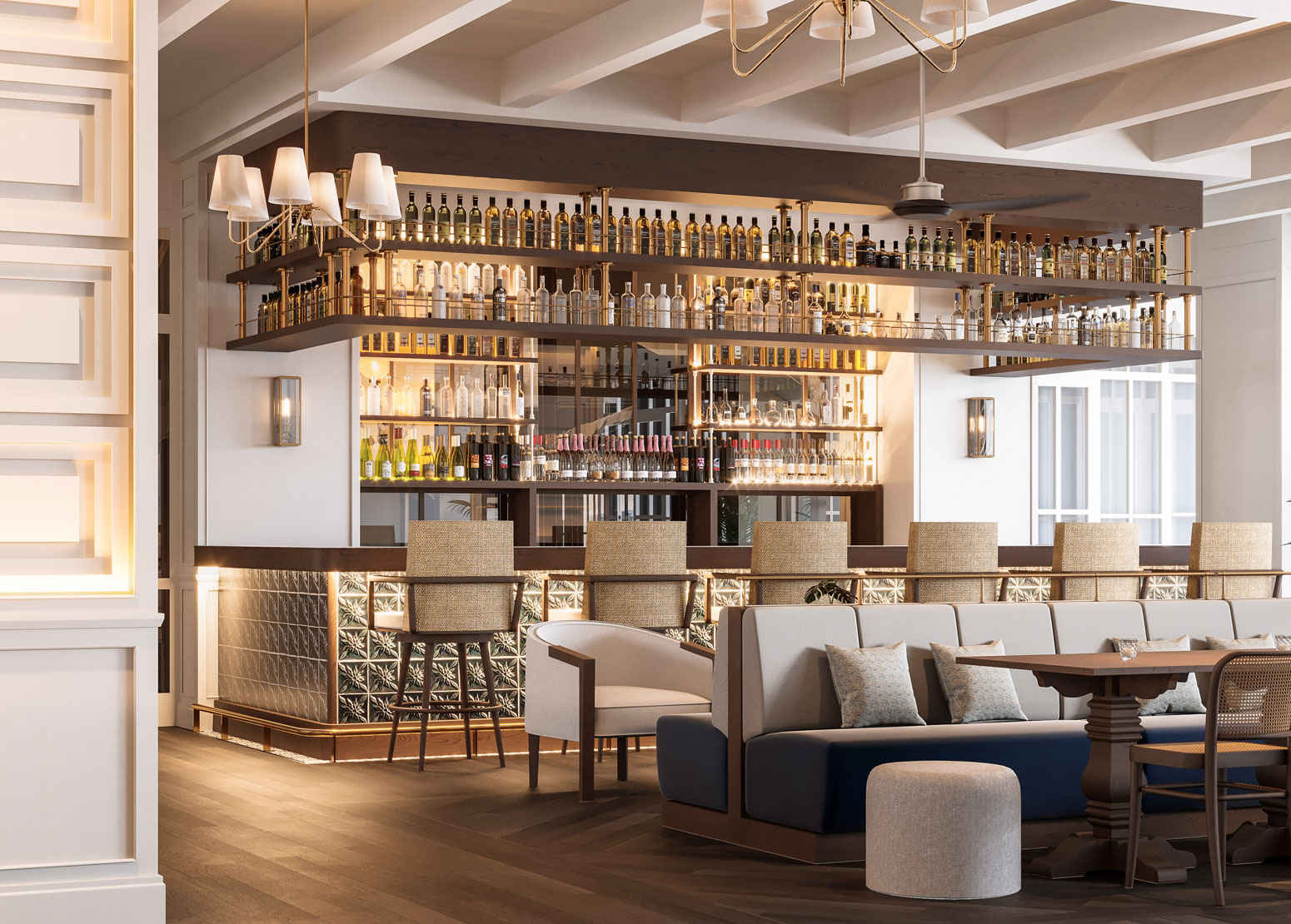 a room with a bar and a couch and a table
