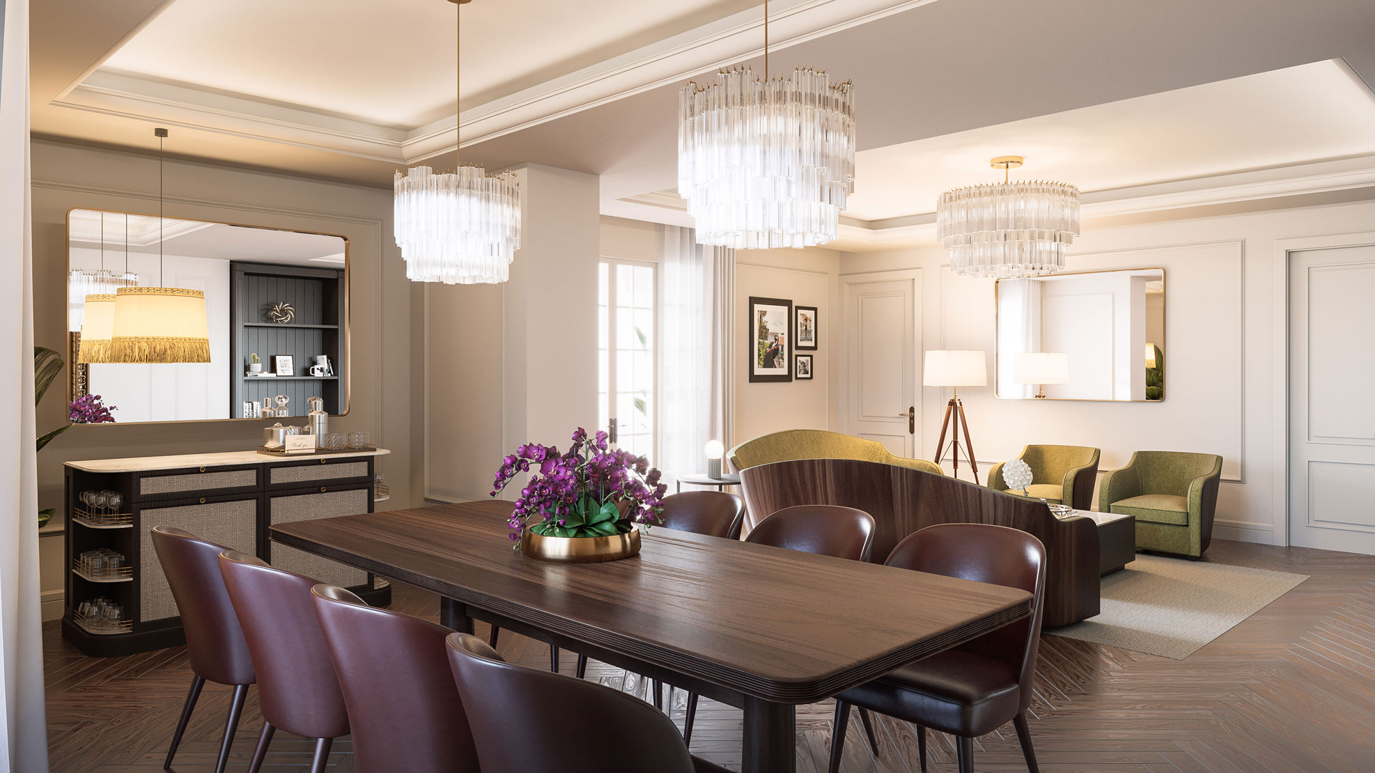 a dining room with a table and chairs