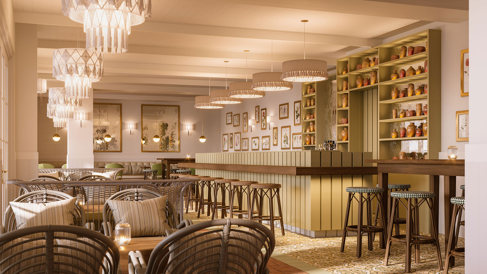 Warmly lit restaurant and bar interior with woven chandeliers, sage green bar counter, decorative ceramic pots on shelving, botanical framed prints on the wall, and rattan seating.