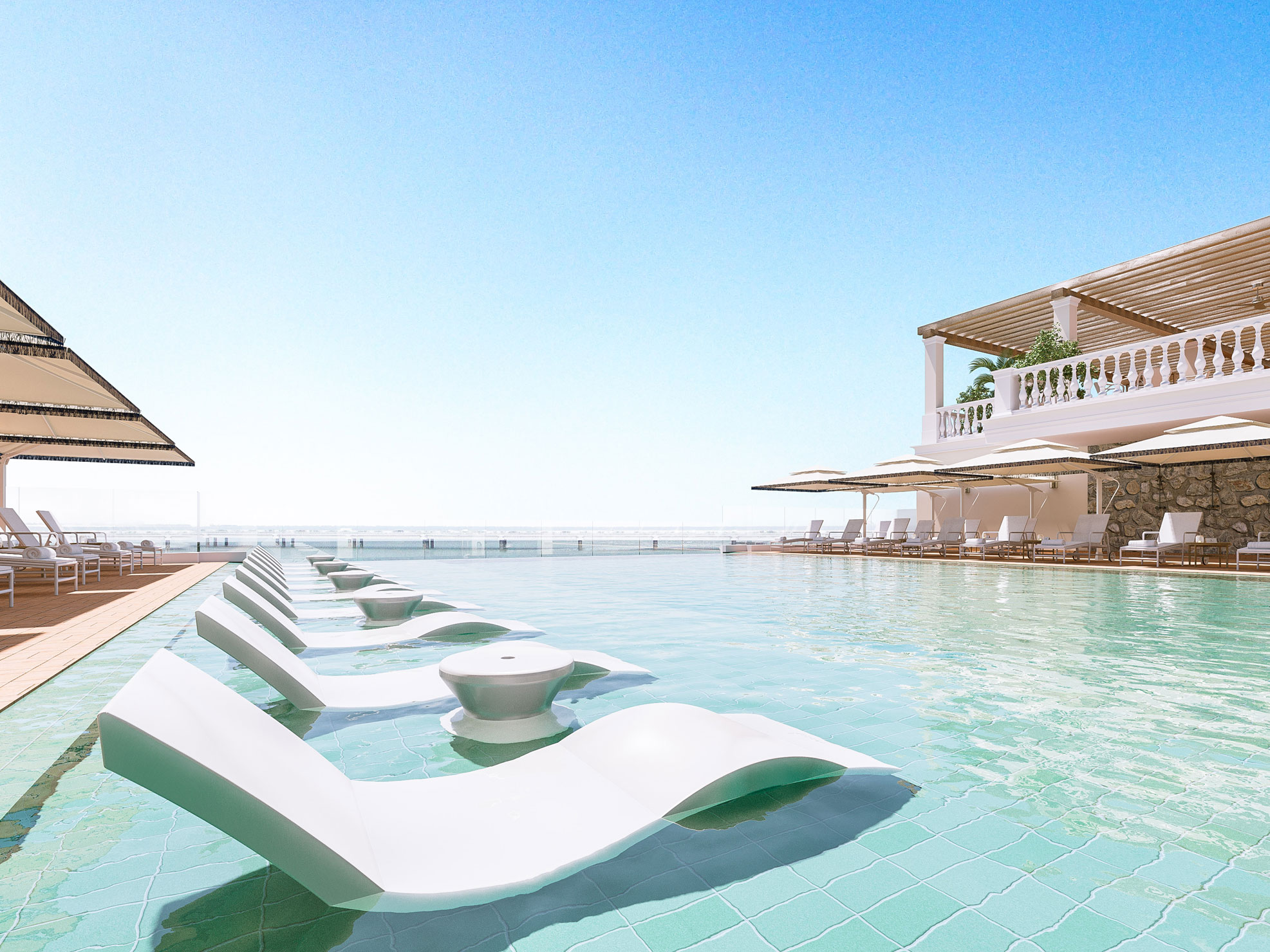 a pool with lounge chairs and umbrellas