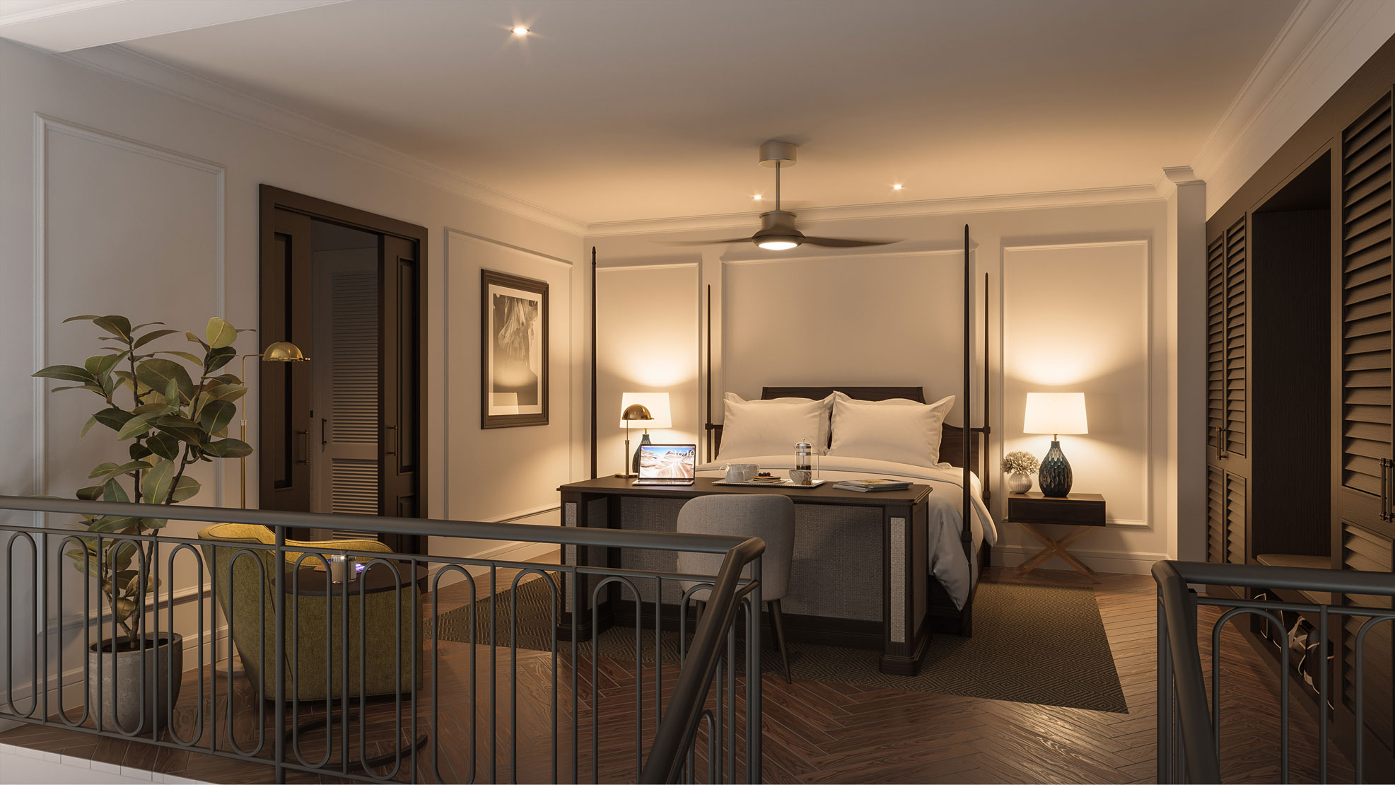 a bedroom with a bed and a desk