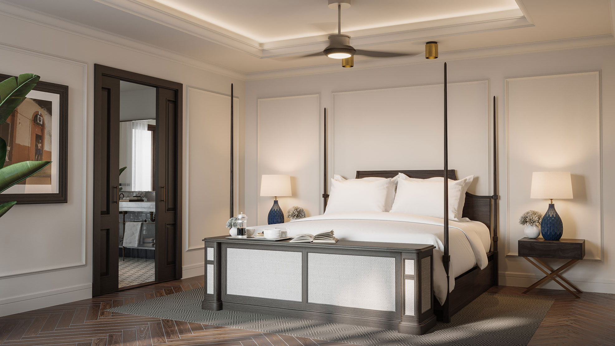 a bedroom with a four poster bed and a ceiling fan
