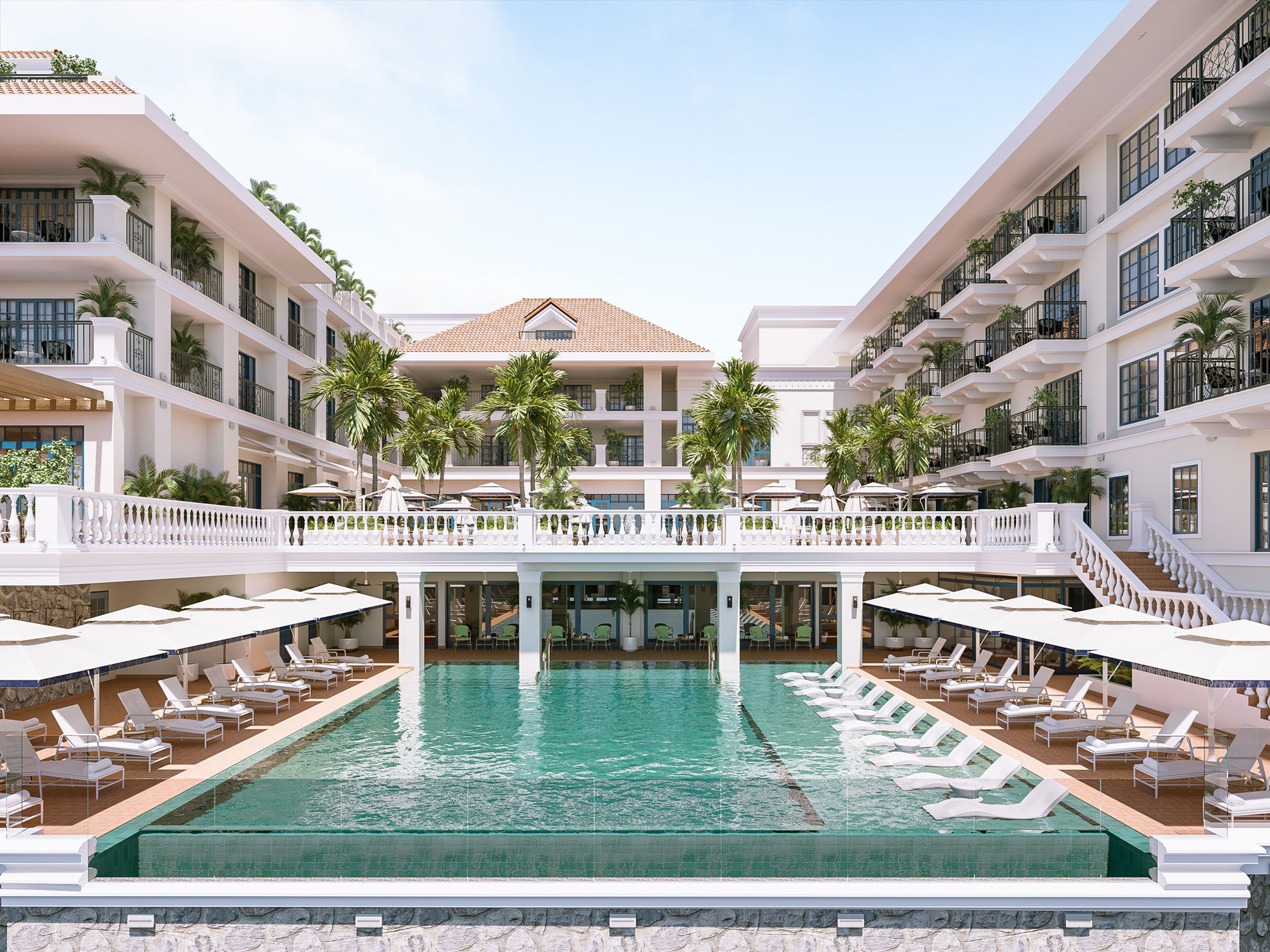 a pool in a hotel