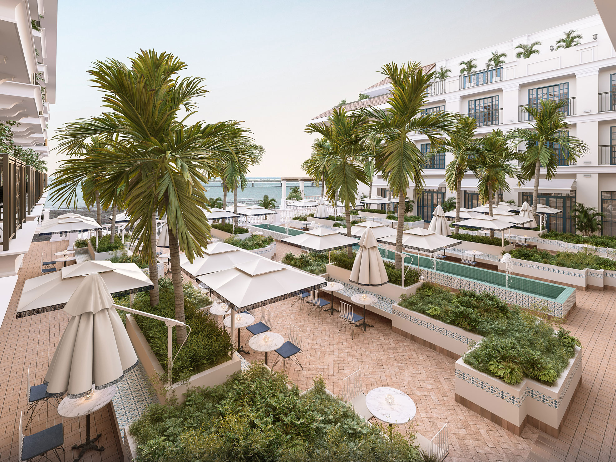 a group of palm trees and umbrellas in a courtyard