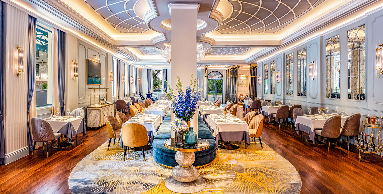 a room with tables and chairs