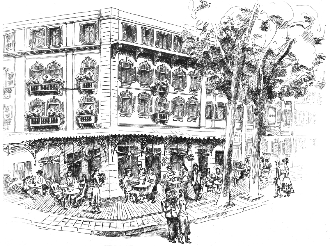 a drawing of a building with people outside