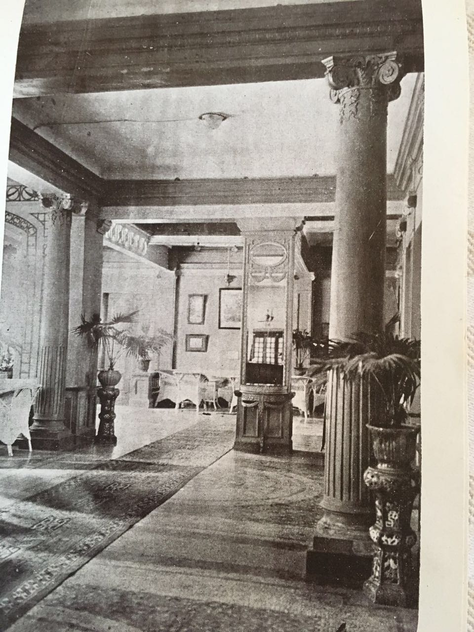 a black and white photo of a room with columns and plants