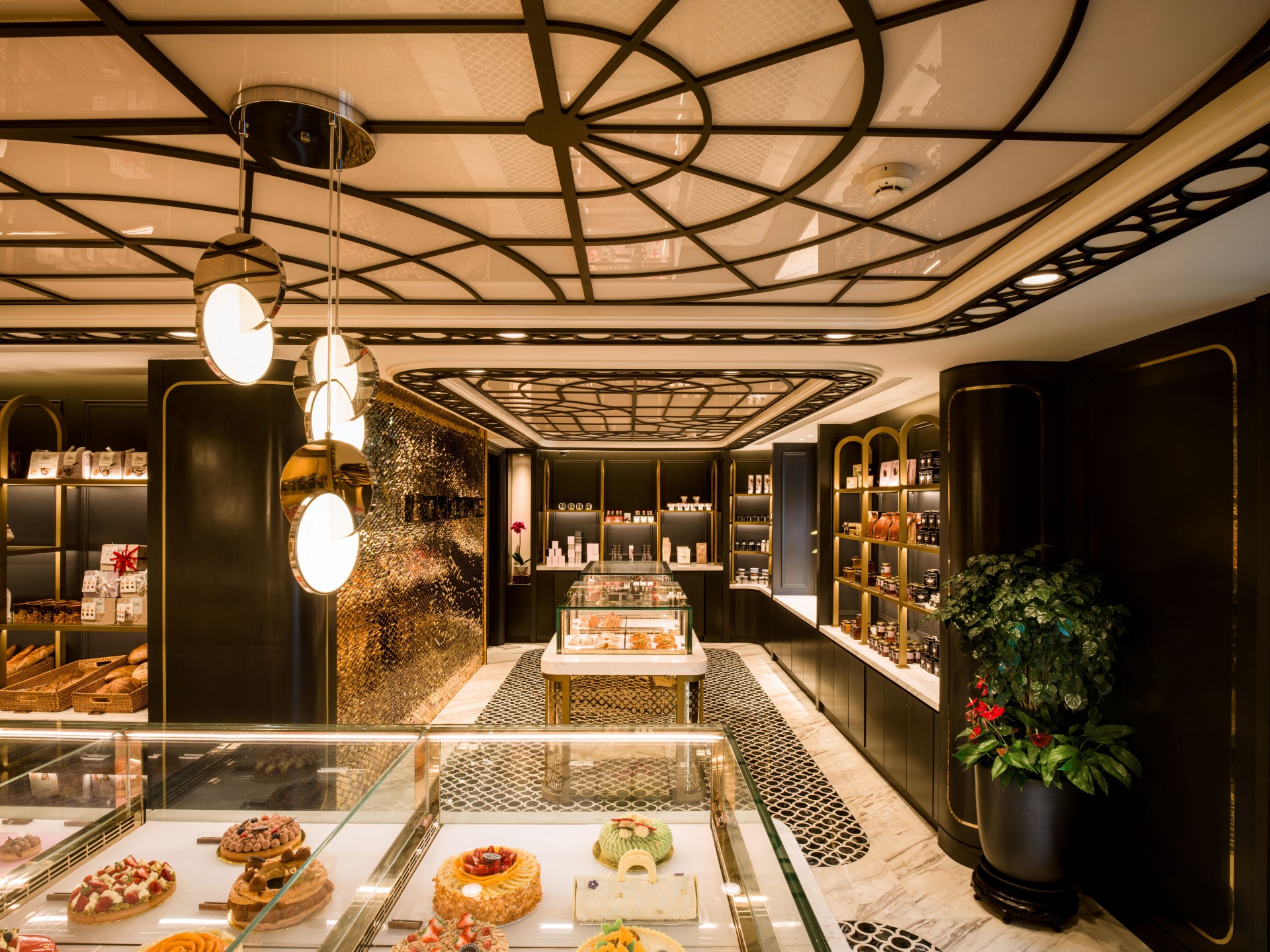 a room with a glass display case with food on it