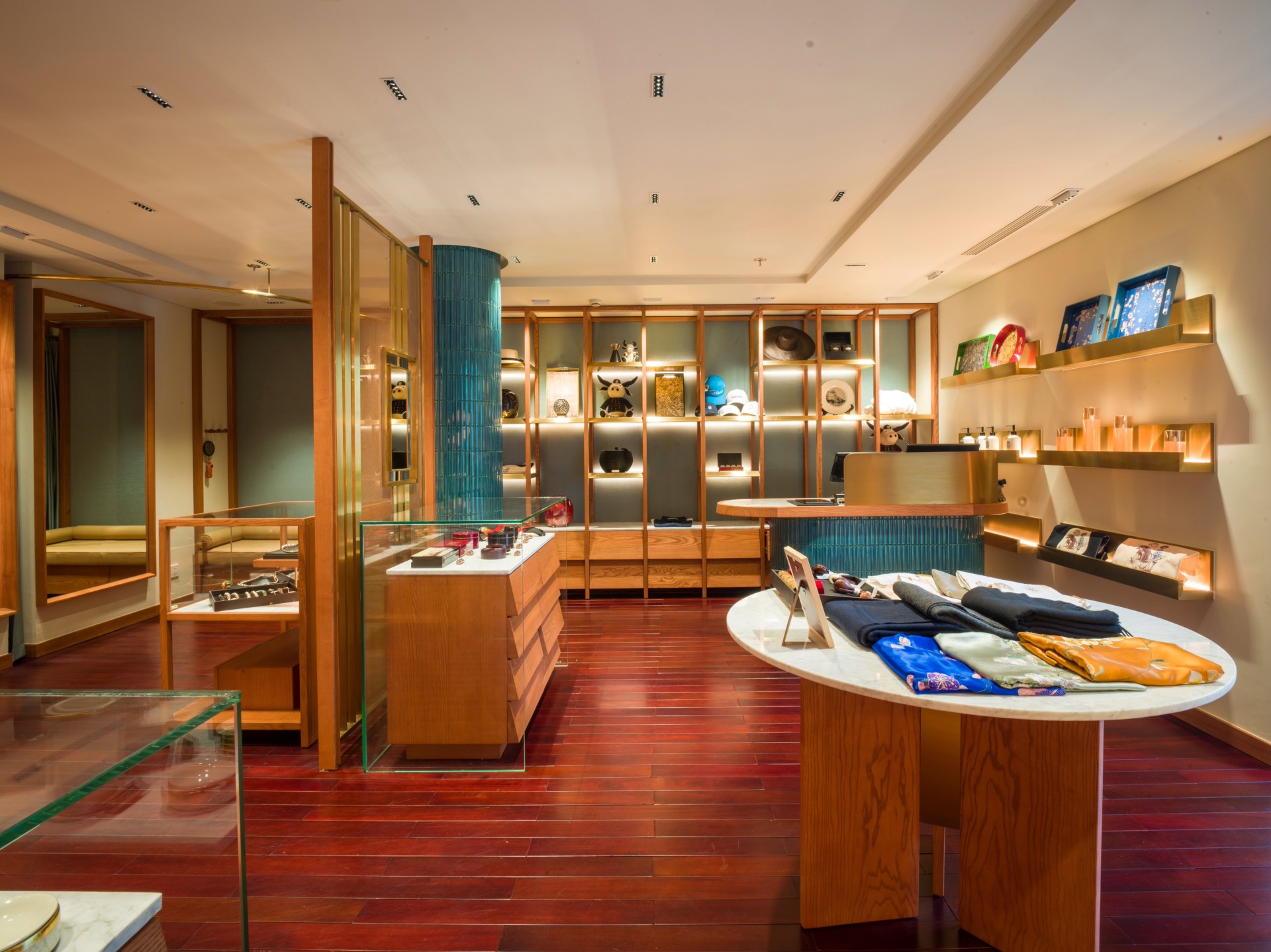 a room with a display of jewelry