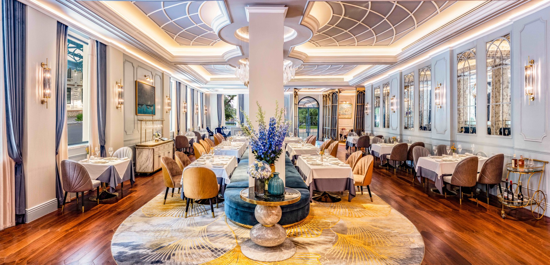 a room with tables and chairs