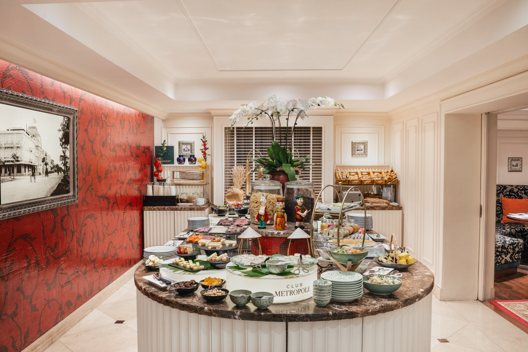 a buffet table with food on it