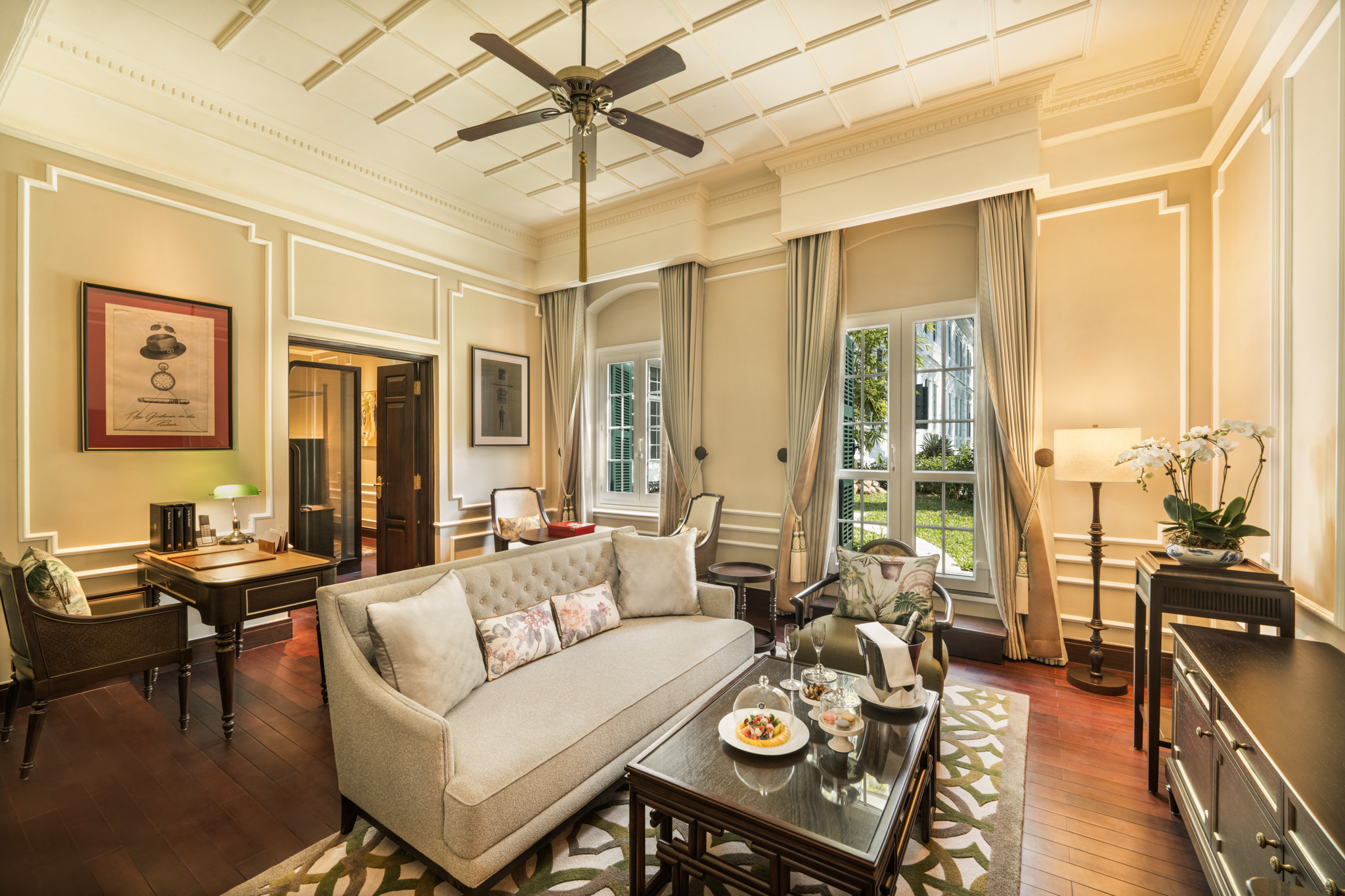 a living room with a couch and a table
