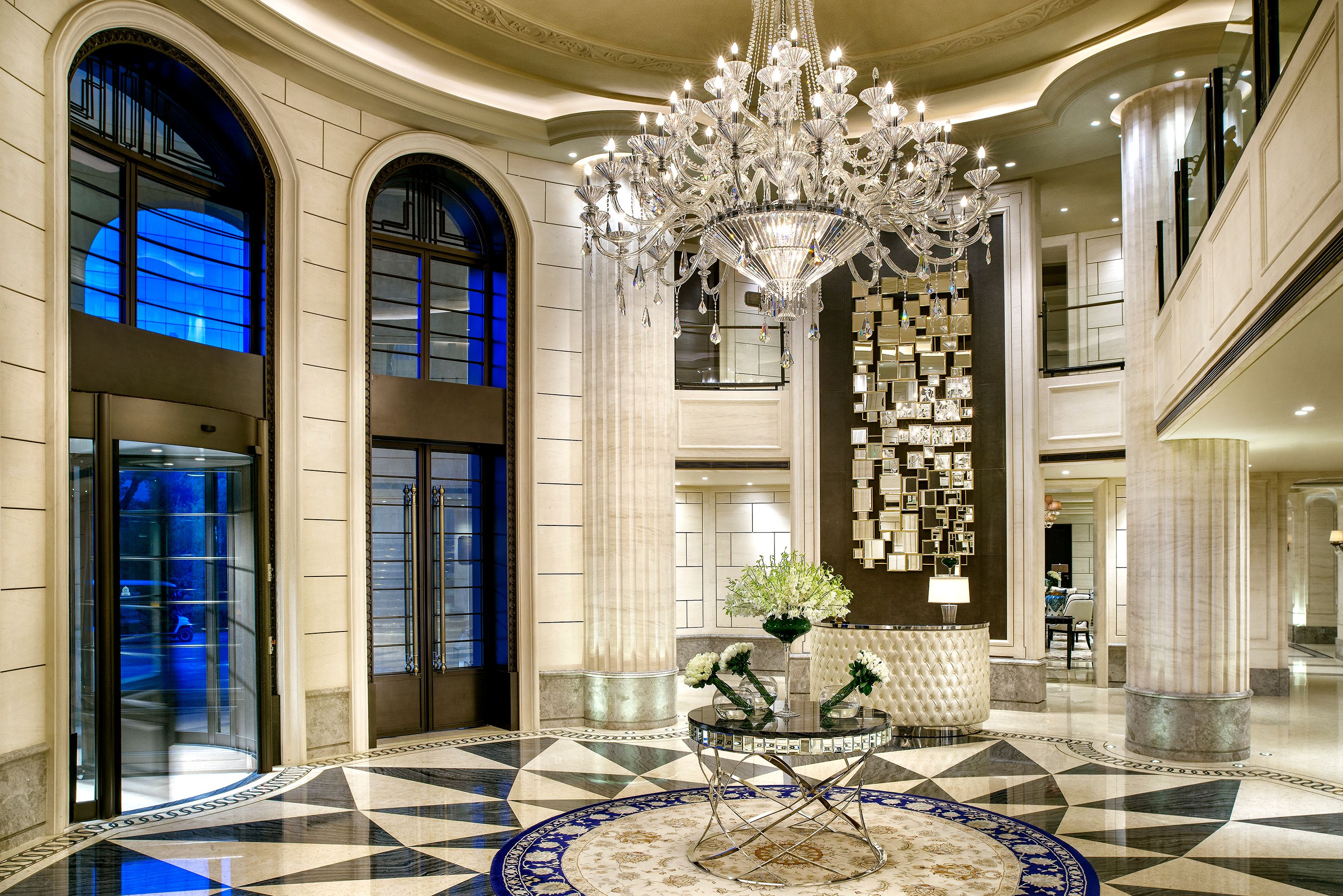 a large chandelier in a lobby