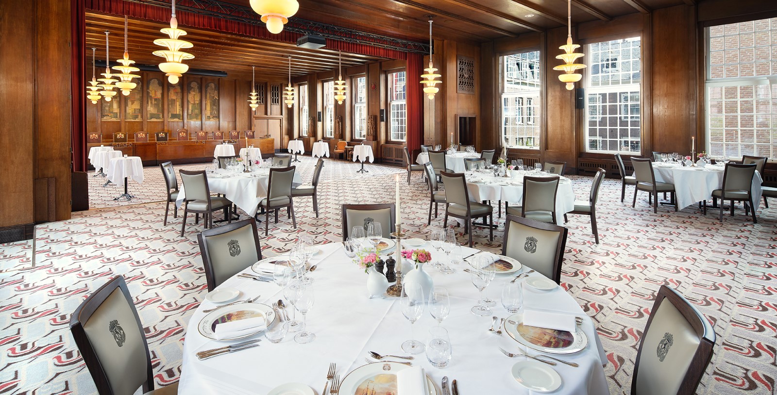 a room with tables and chairs