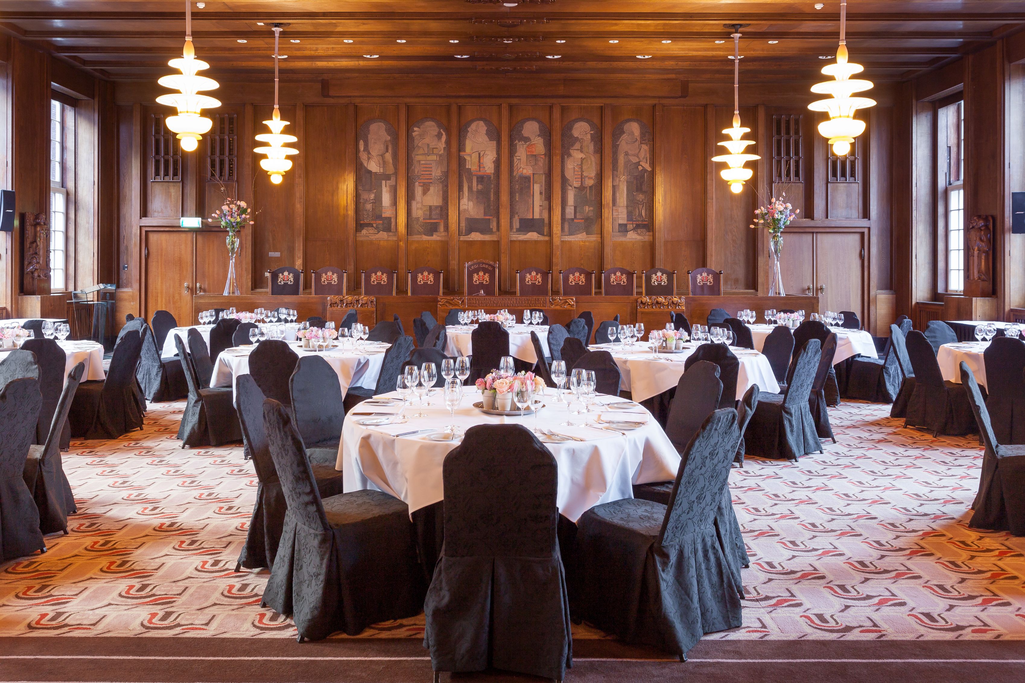 a room with tables and chairs