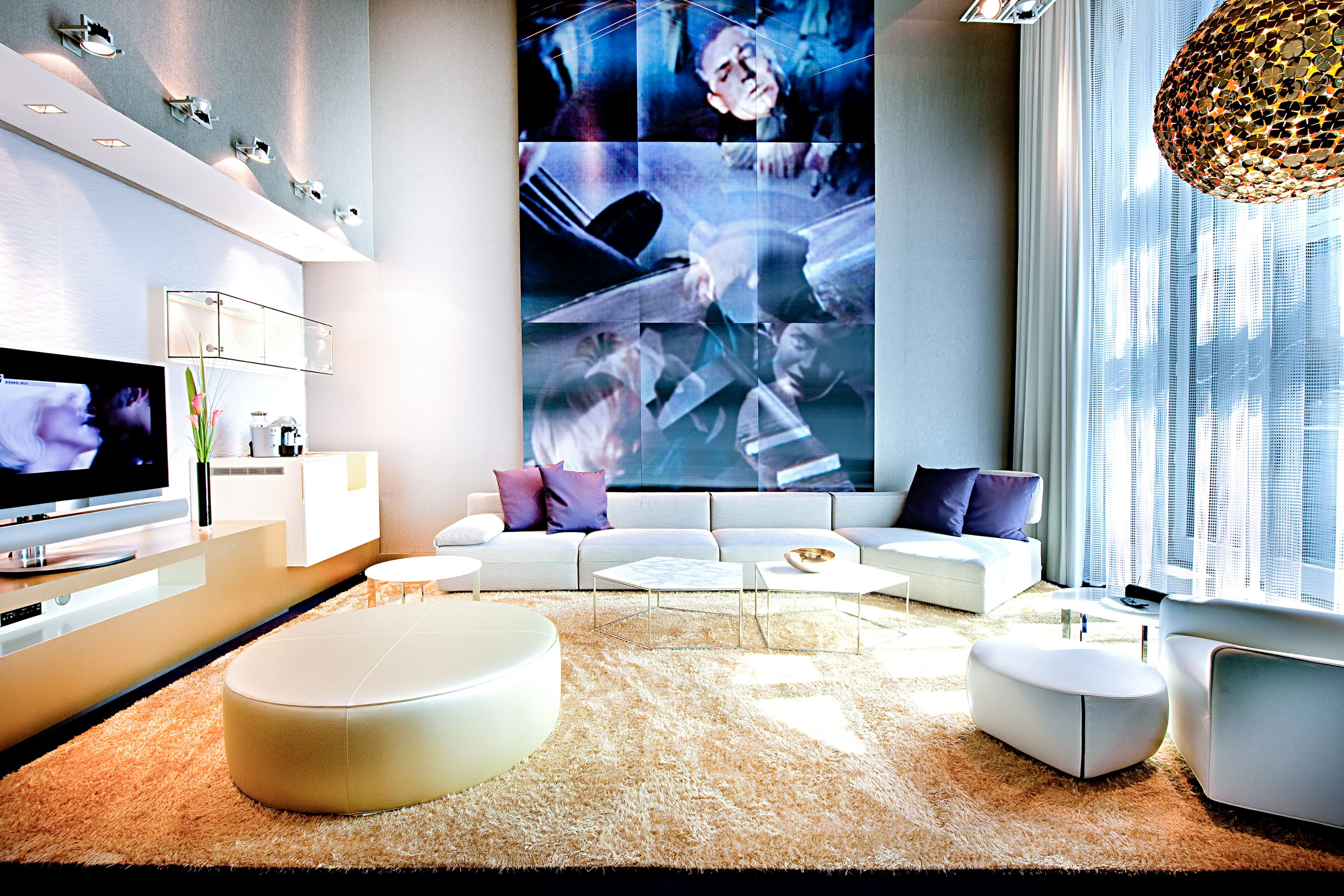 a room with a large poster on the wall