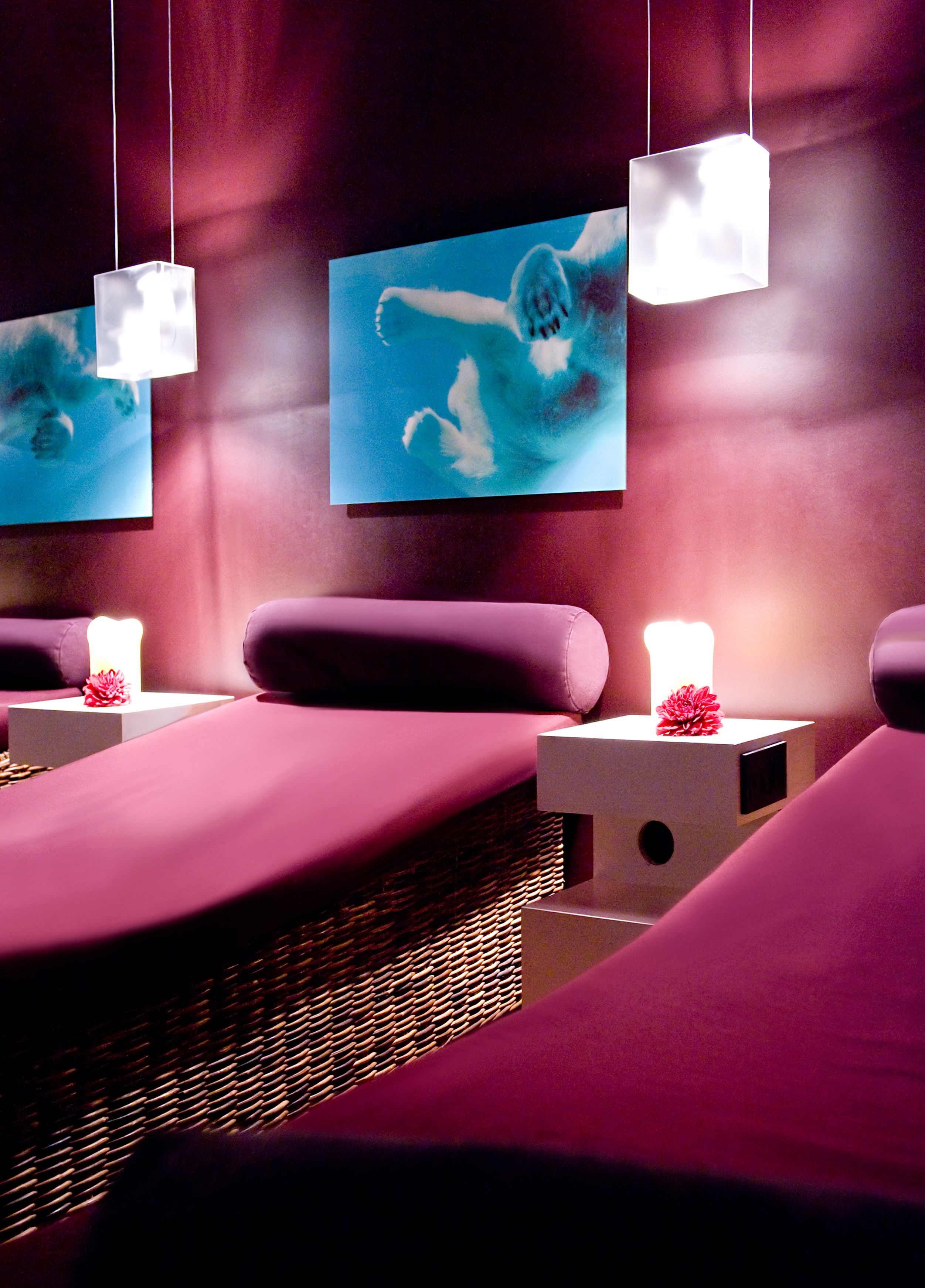 a room with purple beds and pictures on the wall