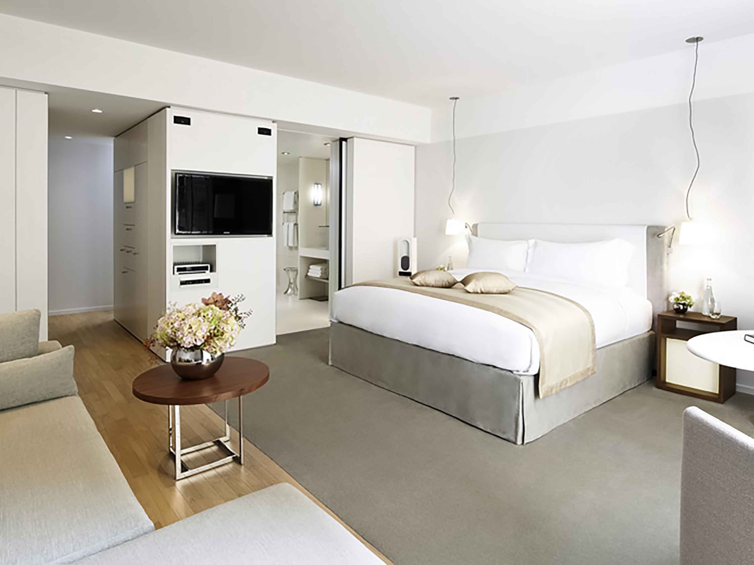 a bedroom with a bed and a television