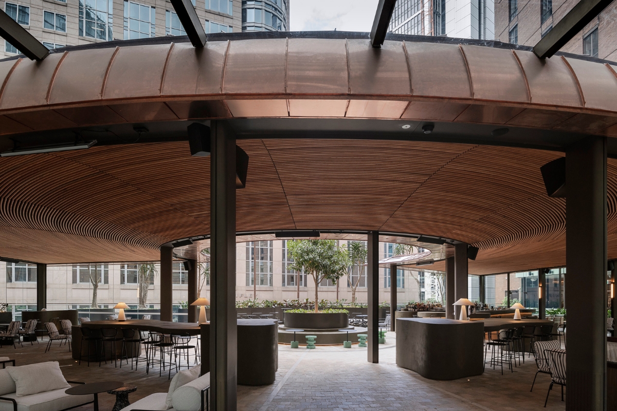 a building with a large patio area
