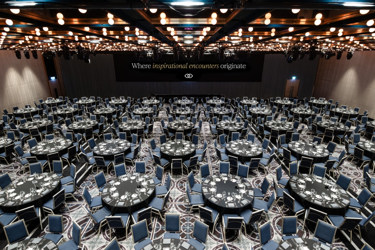 a large room with tables and chairs