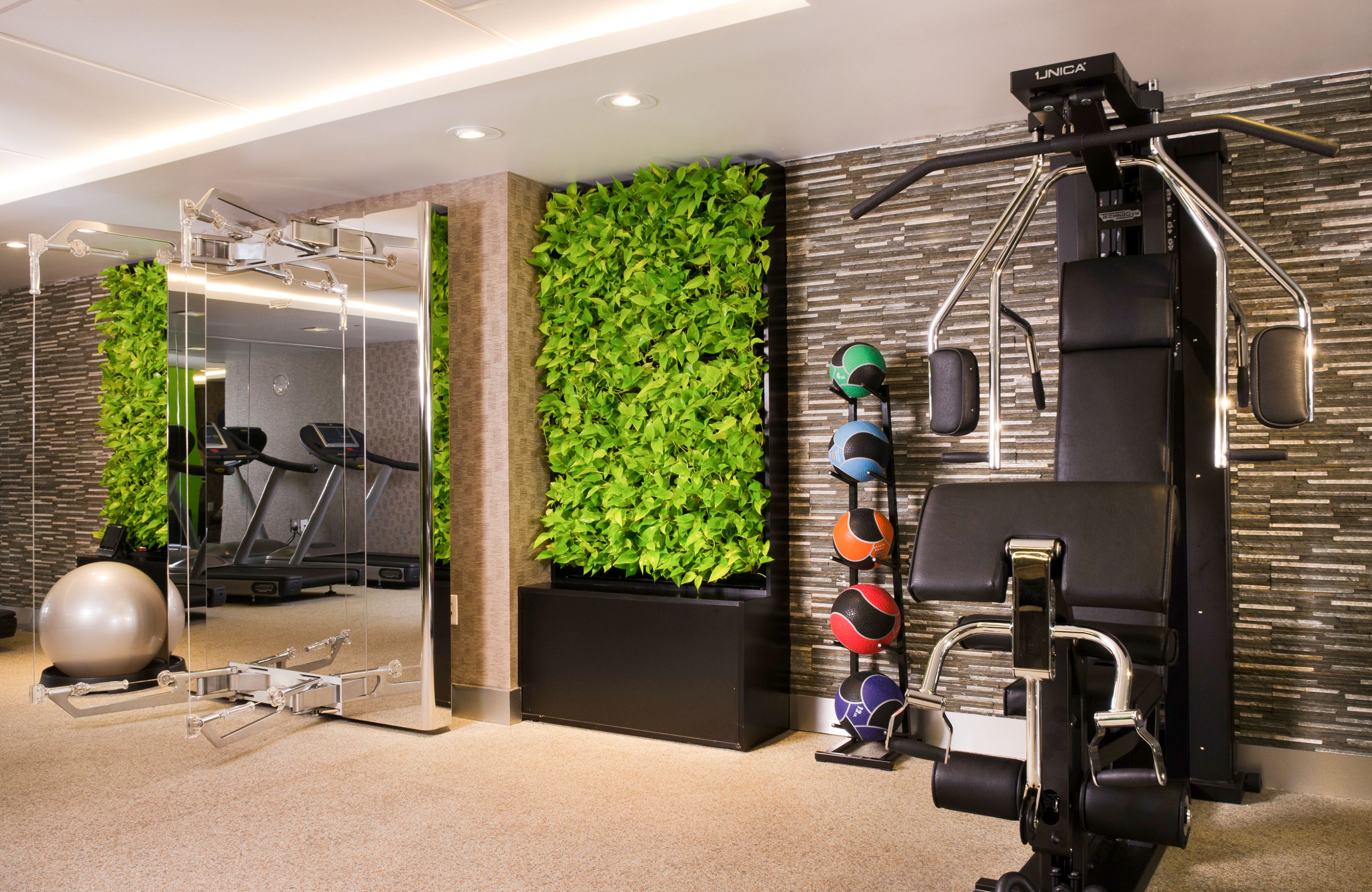 a gym with a plant wall and exercise equipment