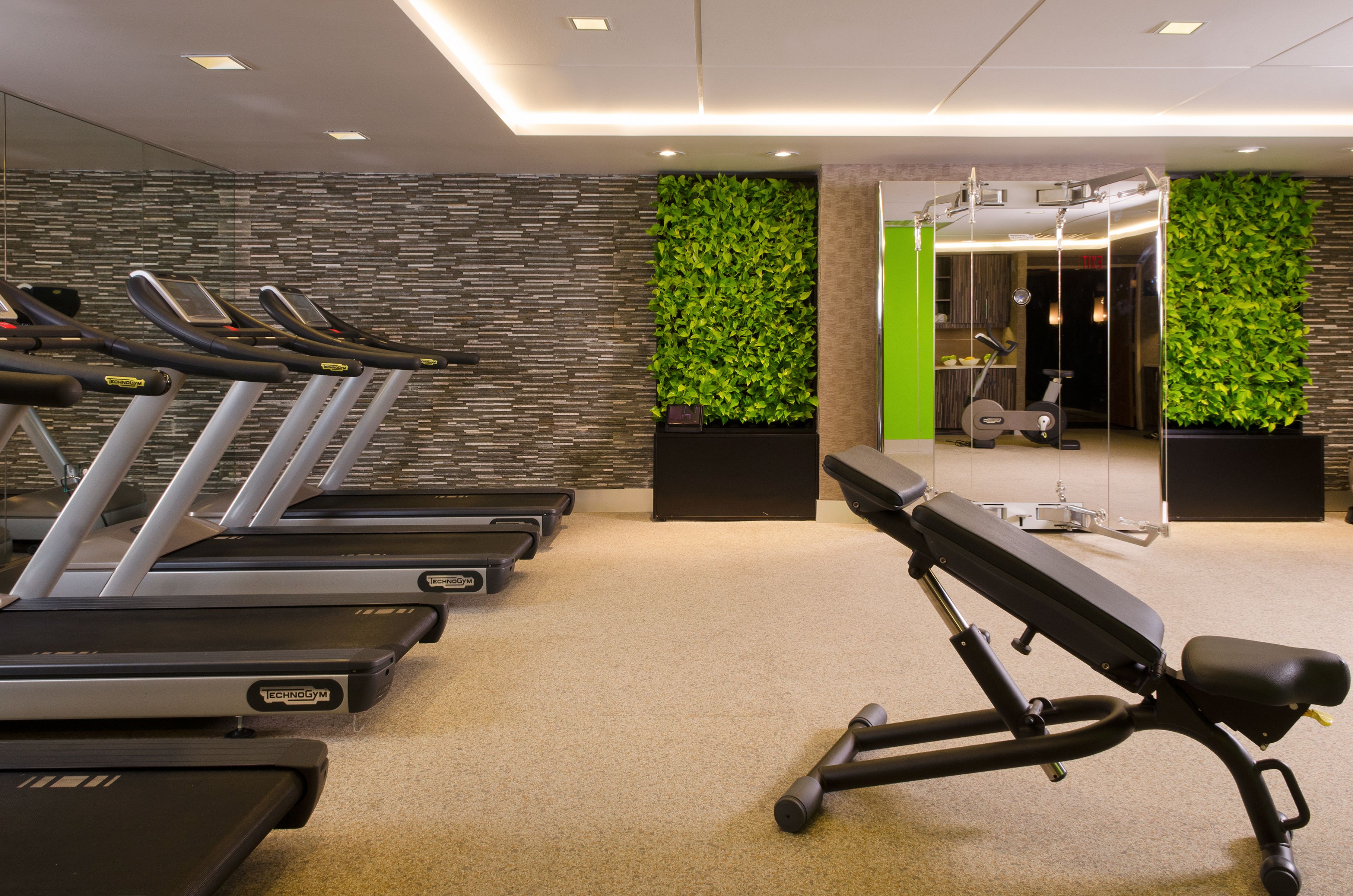 a gym with treadmills and exercise equipment